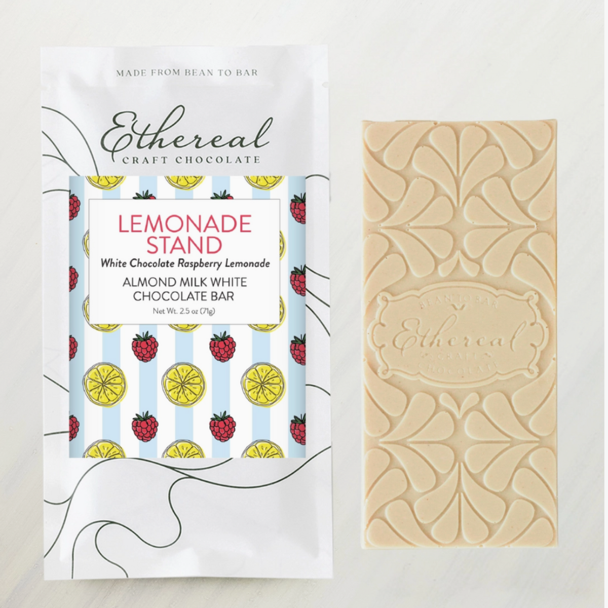 An image of Ethereal chocolate with side by side bars featuring the packaging and the molded chocolate bar