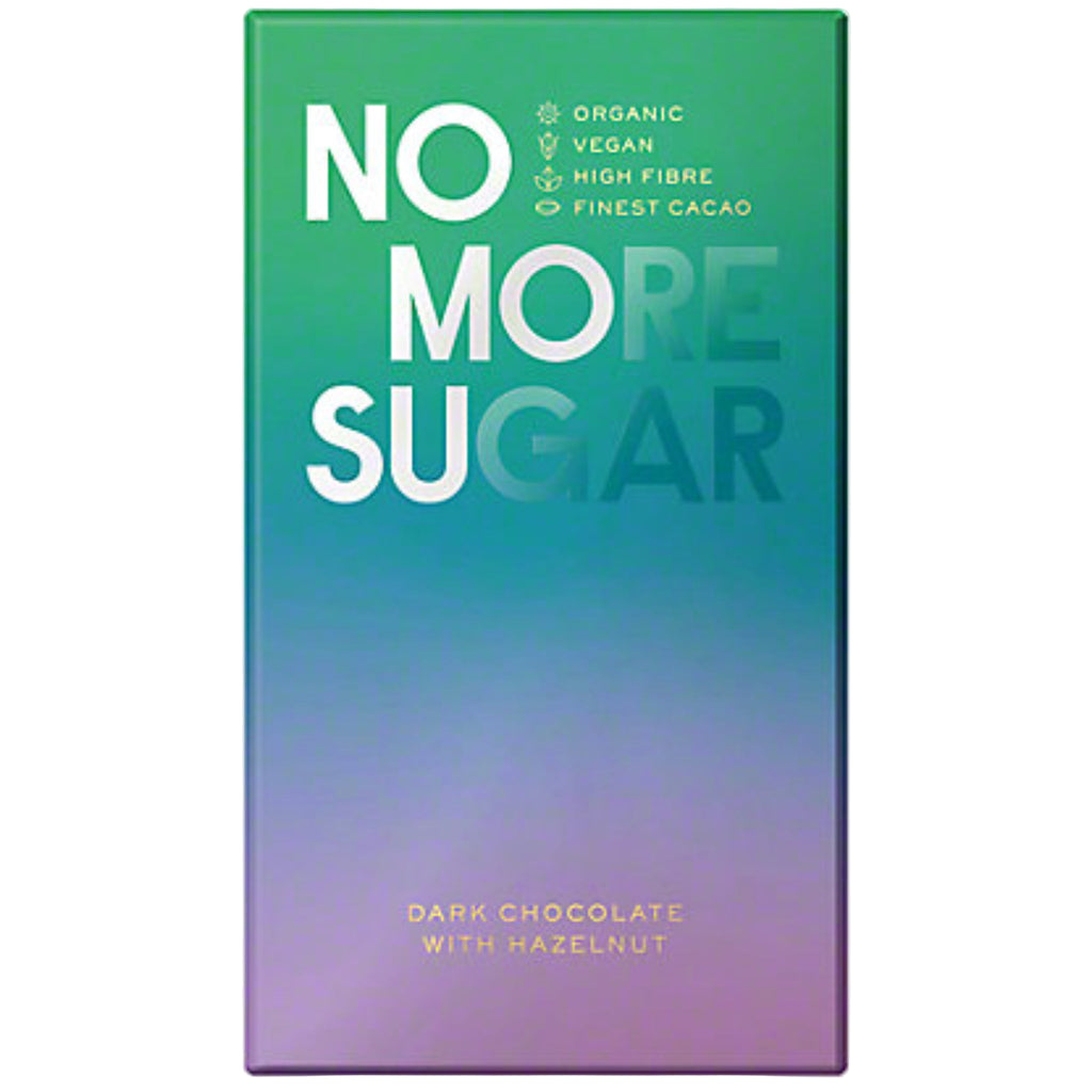 The packaging for NOMOSU Organic Dark Chocolate with Hazelnut bar against a white back ground
