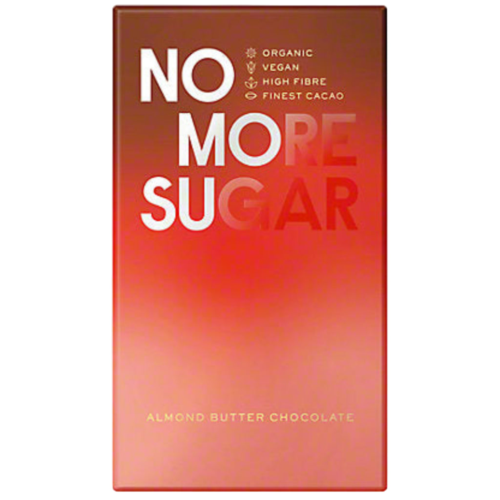 The packaging for a NOMOSU almond butter chocolate bar against a white background