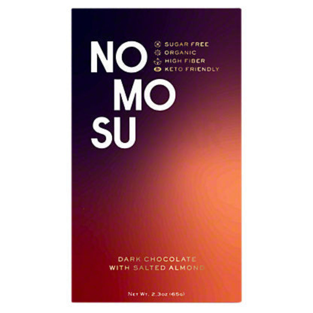 Packaging for Nomosu Organic Dark Chocolate with Salted Almonds Bar on a white background