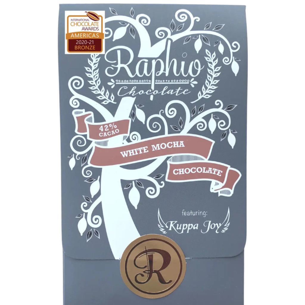 Raphio 42% white mocha chocolate bar packaging against a white background
