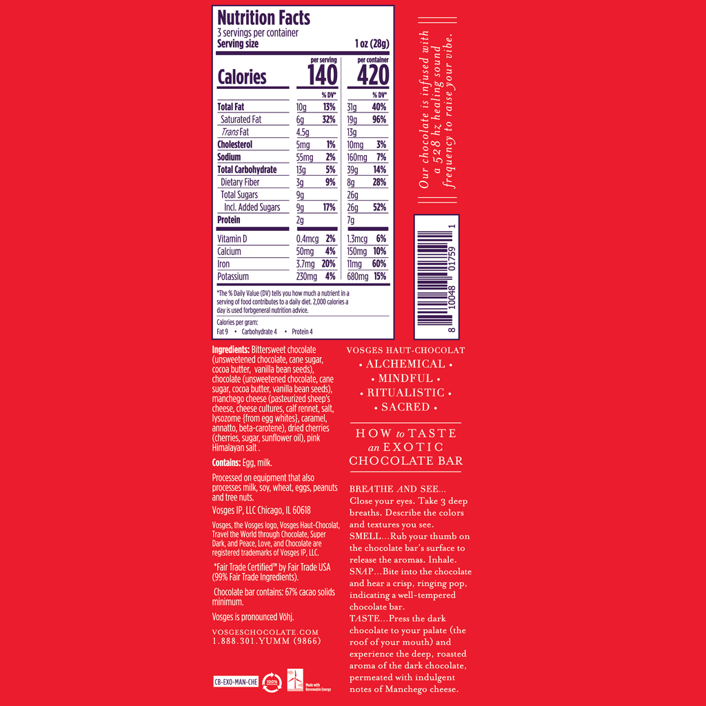 Nutrition facts and ingredients for 67% Dark Chocolate w/ Manchego Cheese & Cherry against a red background