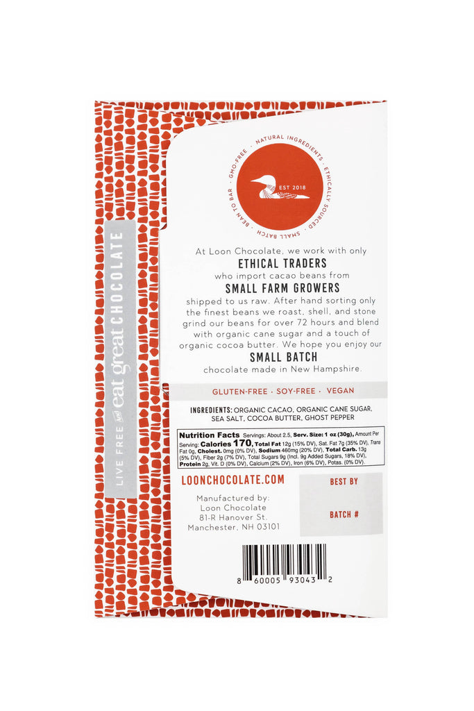 Nutrition facts and ingredients for Dark Chocolate with Ghost Pepper & Maine Sea Salt against a white background