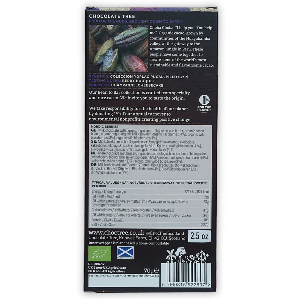 Back of a Chocolate Tree Nordic Berries chocolate bar packaging with ingredients and nutirional information on a white background.