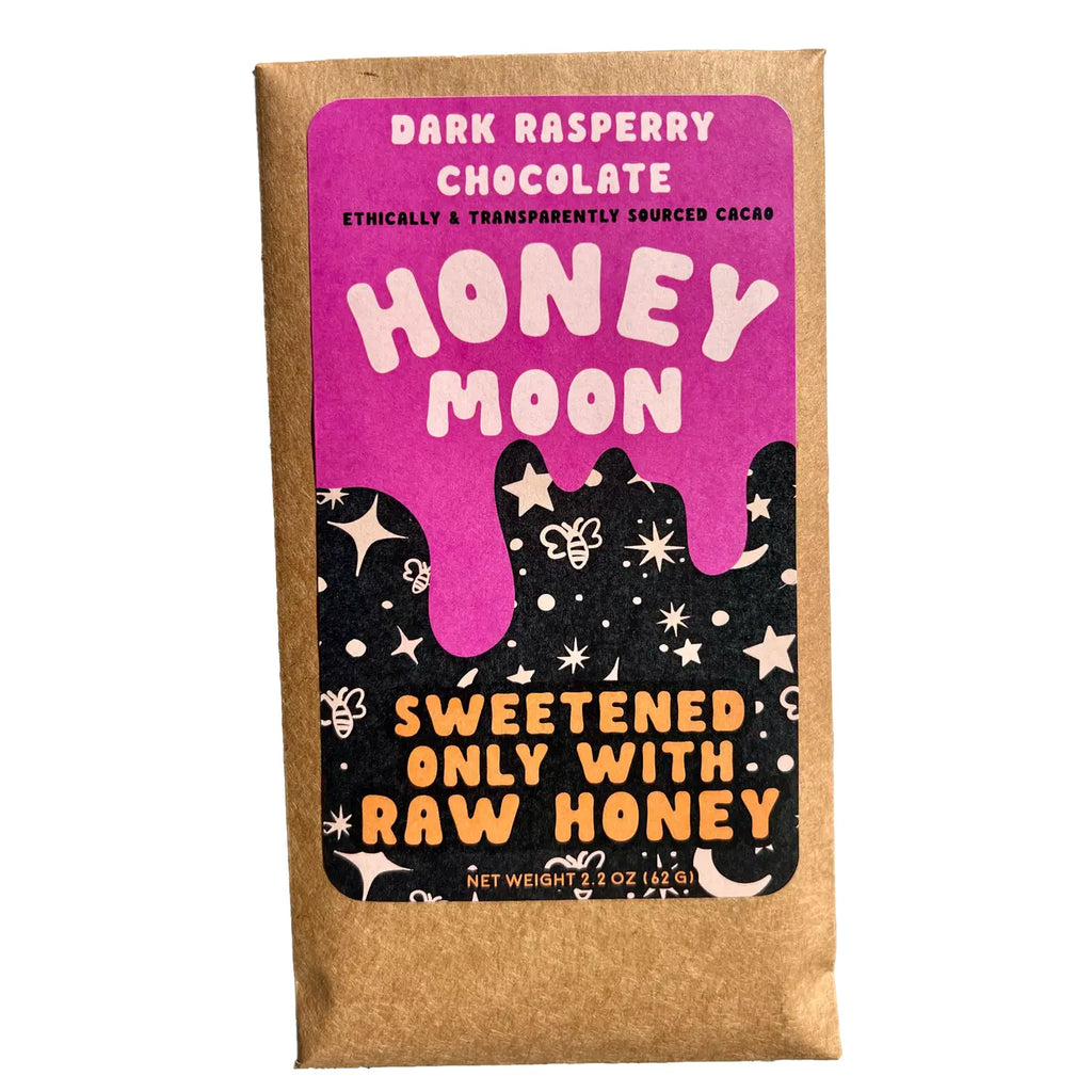 The front of a wrapped Raspberry Dark Chocolate bar from Honeymoon Chocolates against a white background