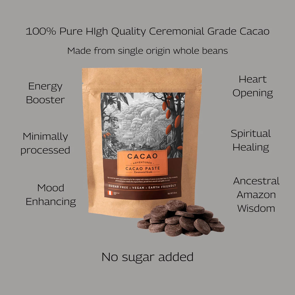 Health benefits of High-Amazon Basin Ceremonial Grade Cacao from Cacao Adventures against a grey background