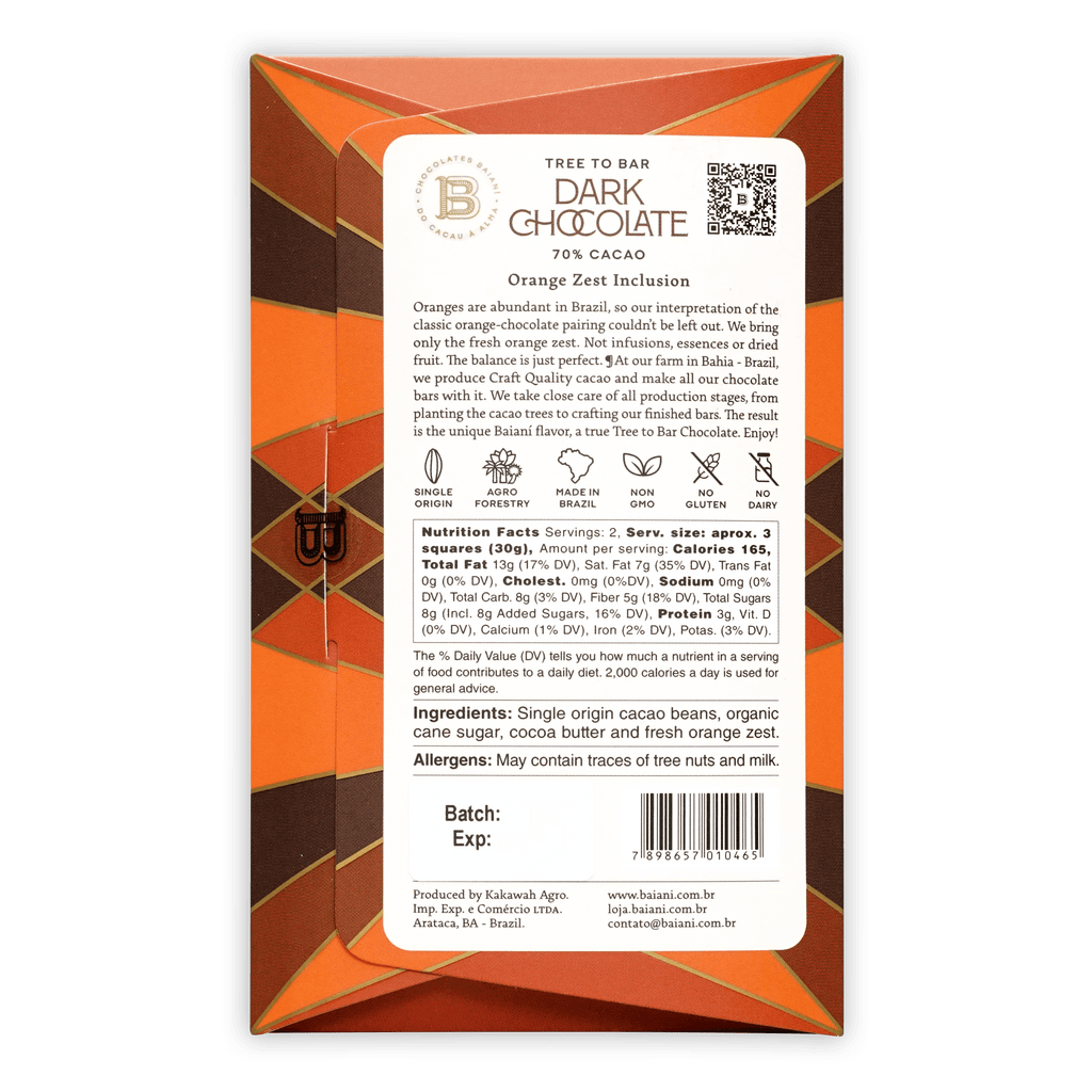 Nutrition facts and ingredients for Dark Chocolate w/ Orange Zest 70%