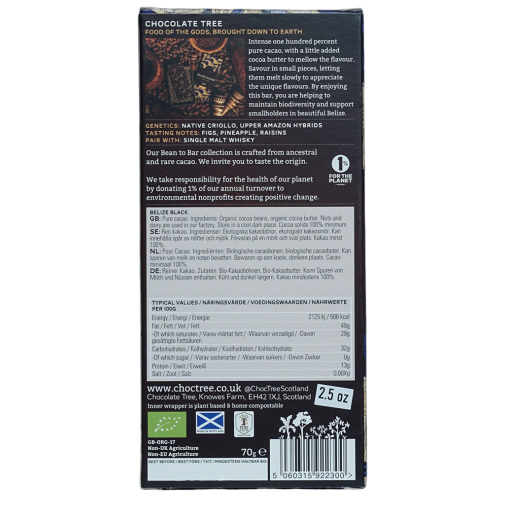 Back of a The Chocolate Tree Belize Black 100% chocolate bar packaging with ingredients and nutritional infromation against a white background