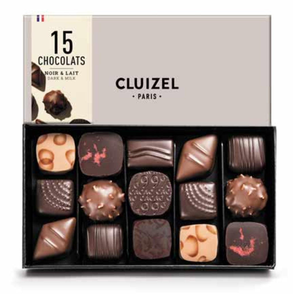 Box of Cluizel chocolates with a visible brand logo on a white background