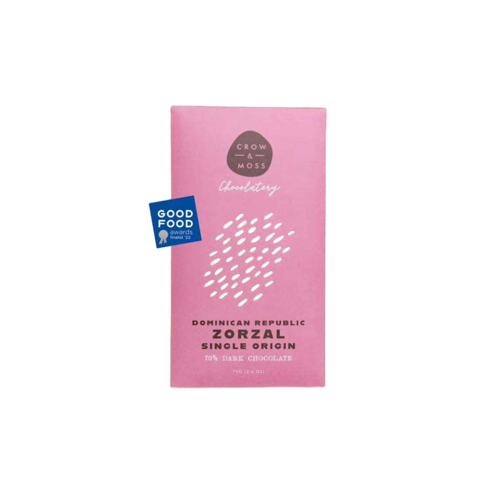 Crow and Moss Dominican Republic zorzal single origin 70% dark chcolate bar packaging against a white background