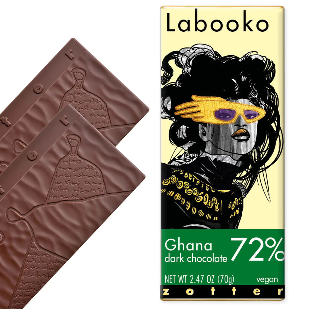 72% Ghana (Labooko) bar, wrapped and unwrapped, against a  white background
