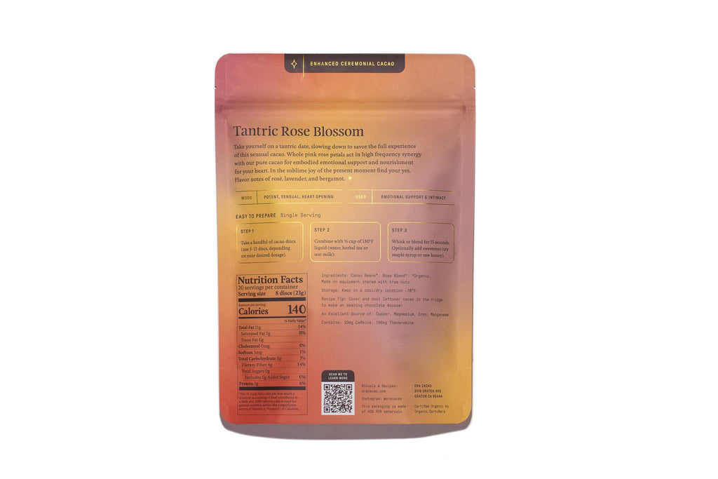 Nutrition facts and ingredients for Tantric Rose Blossom Enhanced Organic Ceremonial Cacao