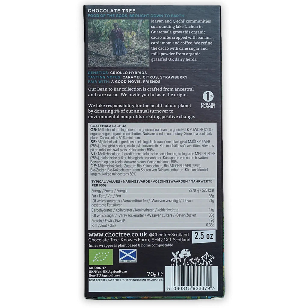 Back of a The Chocolate Tree Guatamala 50% milk Chocolate bar packaging with ingredients and nutritional information on a white background
