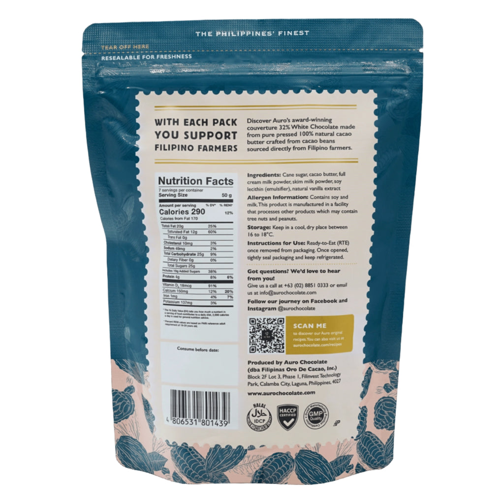 Back of Auro white chocolate coins packaging with nutritional information and ingredients on a white background