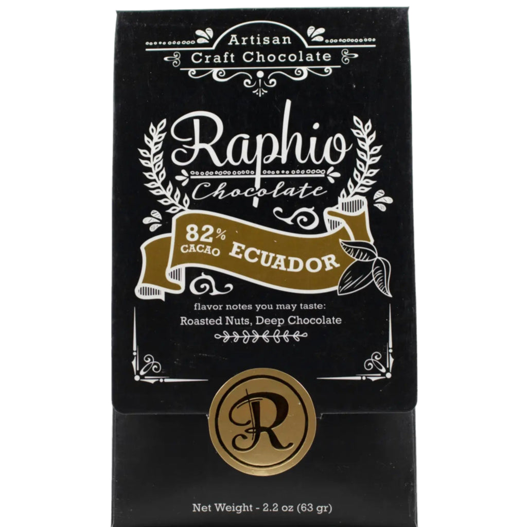 Raphio 82% Ecuador chocolate packaging with branding and product details on a white background