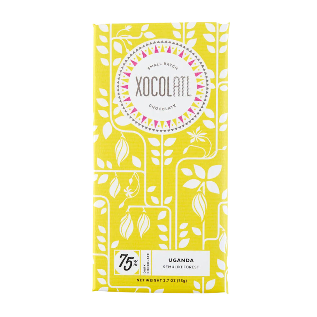 Xocolatl Uganda 75% Dark Chocolate bar yellow packaging with 'Xocolatl' branding on a white background
