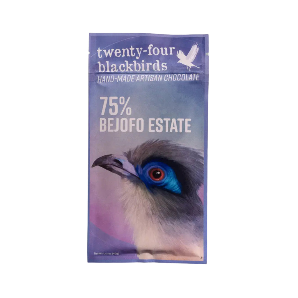 75% Honduras Wampusirpi Bar packaging with a bird illustration and 'twenty-four blackbirds' branding against a white background