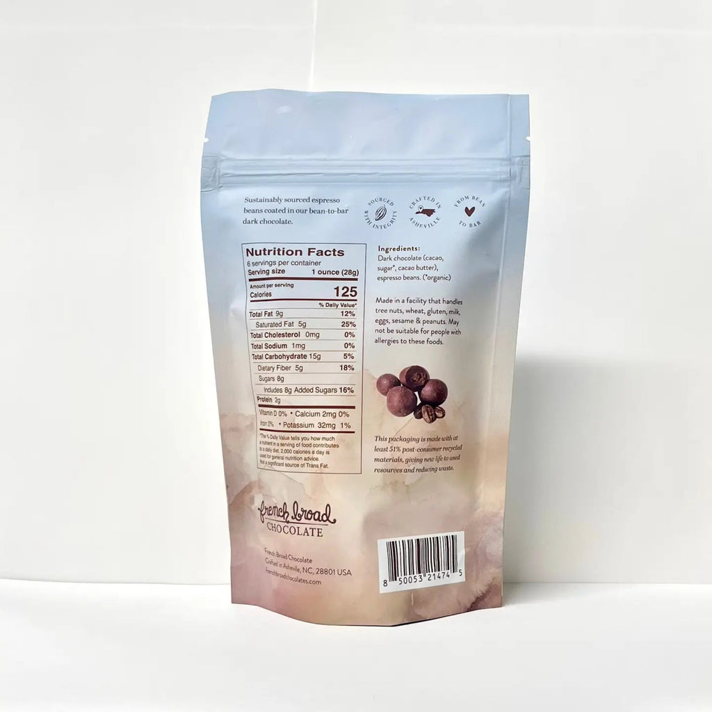 French broad chocolate dark chocolate espresso beans packaging with nutrition information and ingredients against a white background