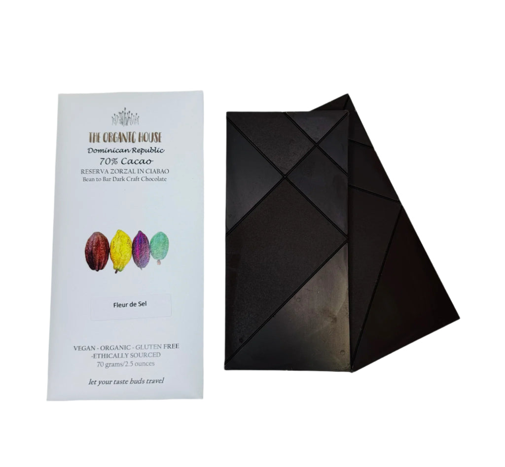 Dominican 70% Fluer de Sel bar from The Organic House against a white background