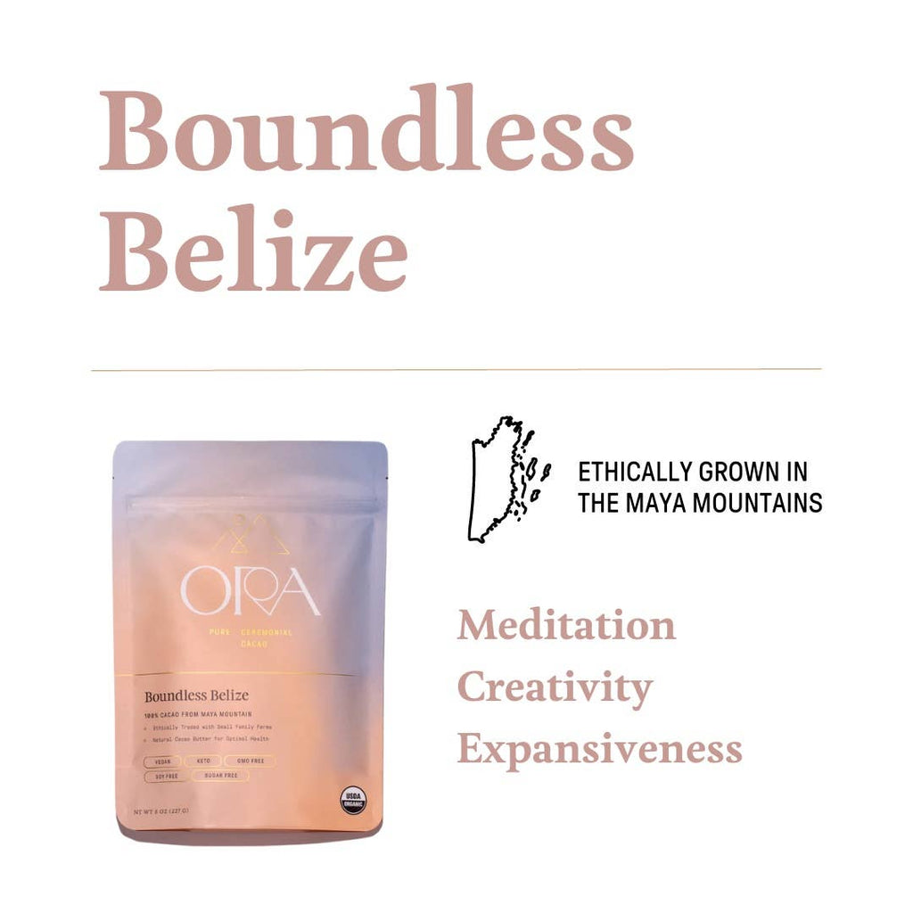 Descriptors about how Boundless Belize 100% Organic Ceremonial Cacao makes you feel, and where it was grown