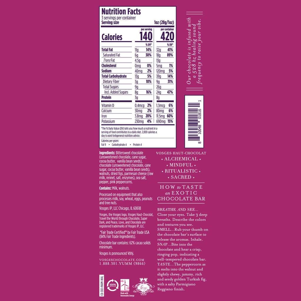 Nutrition facts and ingredients for 67% Dark w/ Parmesan Cheese, Walnut & Fig against a dark pink background