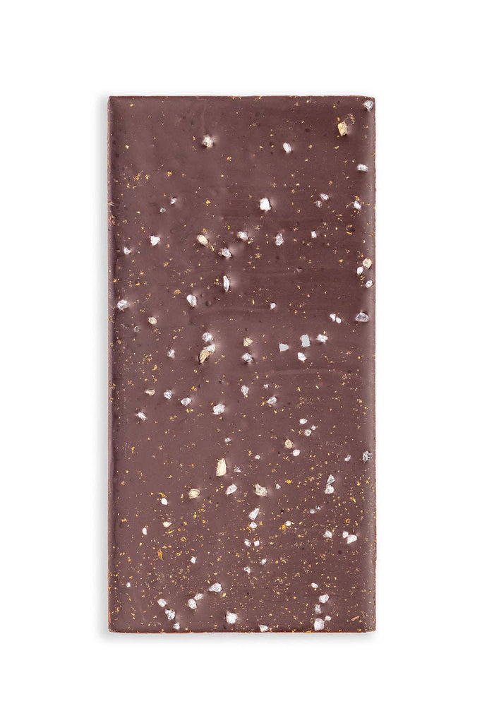 Unwrapped Dark Chocolate with Ghost Pepper & Maine Sea Salt bar against a white background