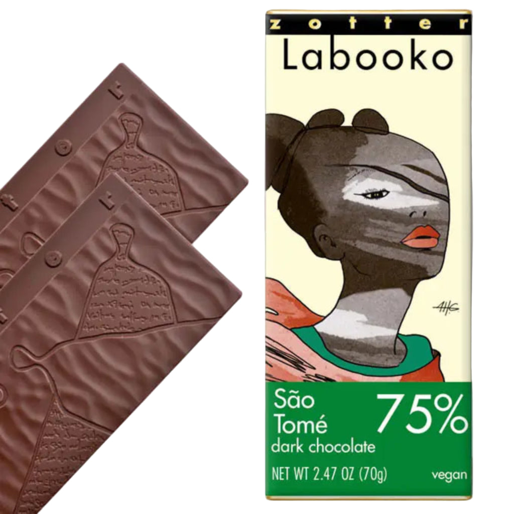 Zotter Labooko São Tomé dark chocolate bar with packaging featuring an artistic design againdt a white background