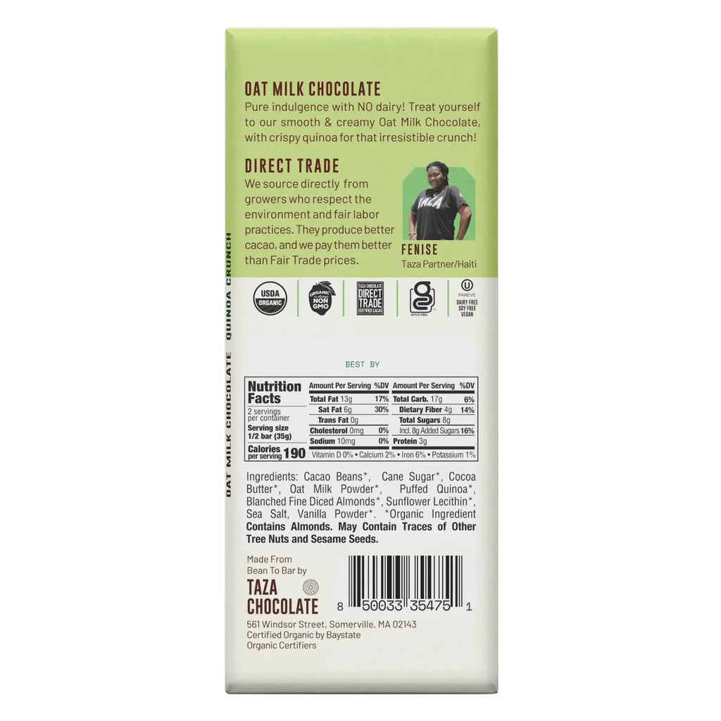 Oat Milk Quinoa Crunch Bar packaging with nutrition information and ingredients against a white background