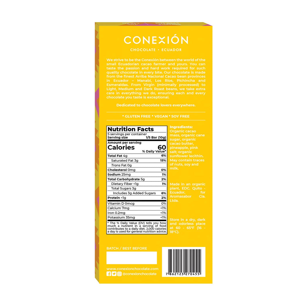 Nutrition facts and ingredients for Pineapple & Pink Salt 70% against a white background