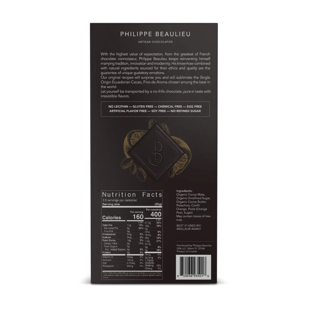 Back of a Philippe Beaulieu chocolate packaging with branding, nutrition facts, and ingredients.