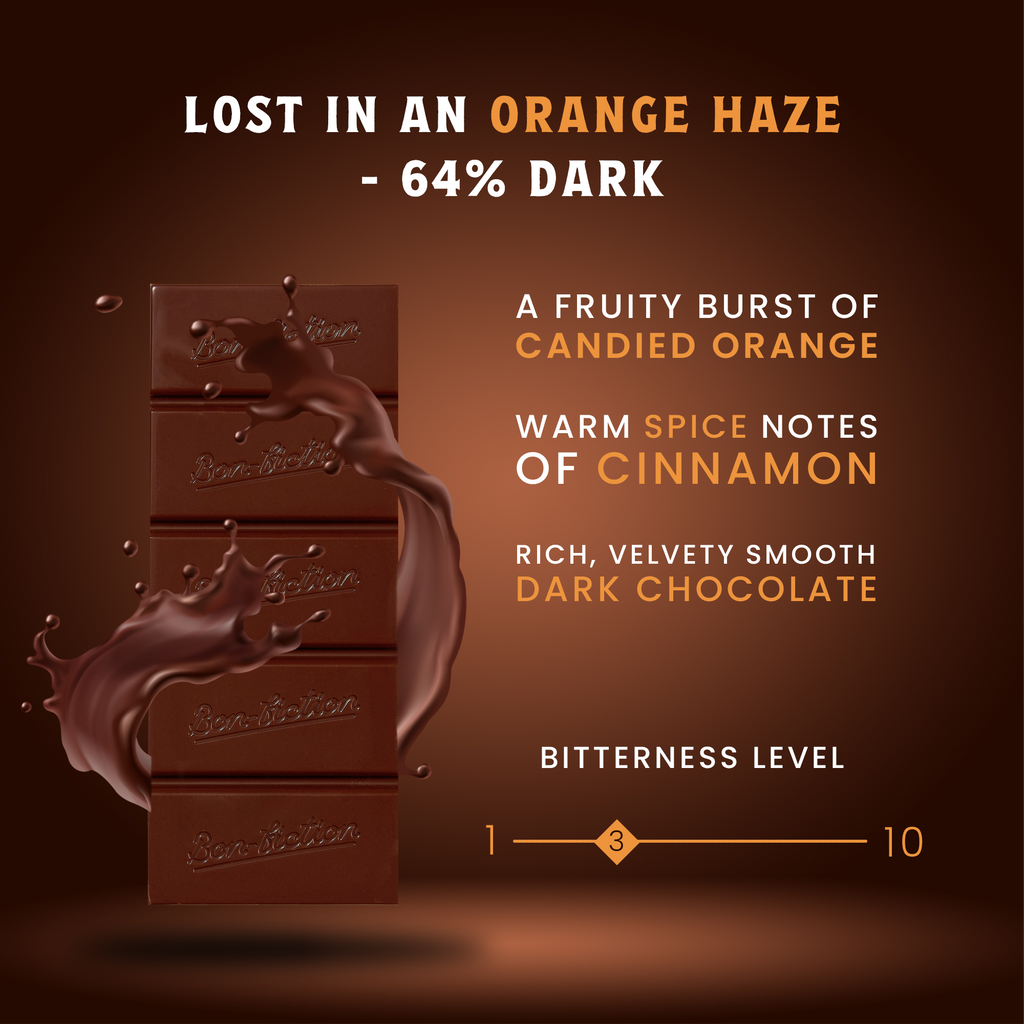 Facts about "Los in an Orange Haze" bar featuring an unwrapped Bon Fiction chocolate bar