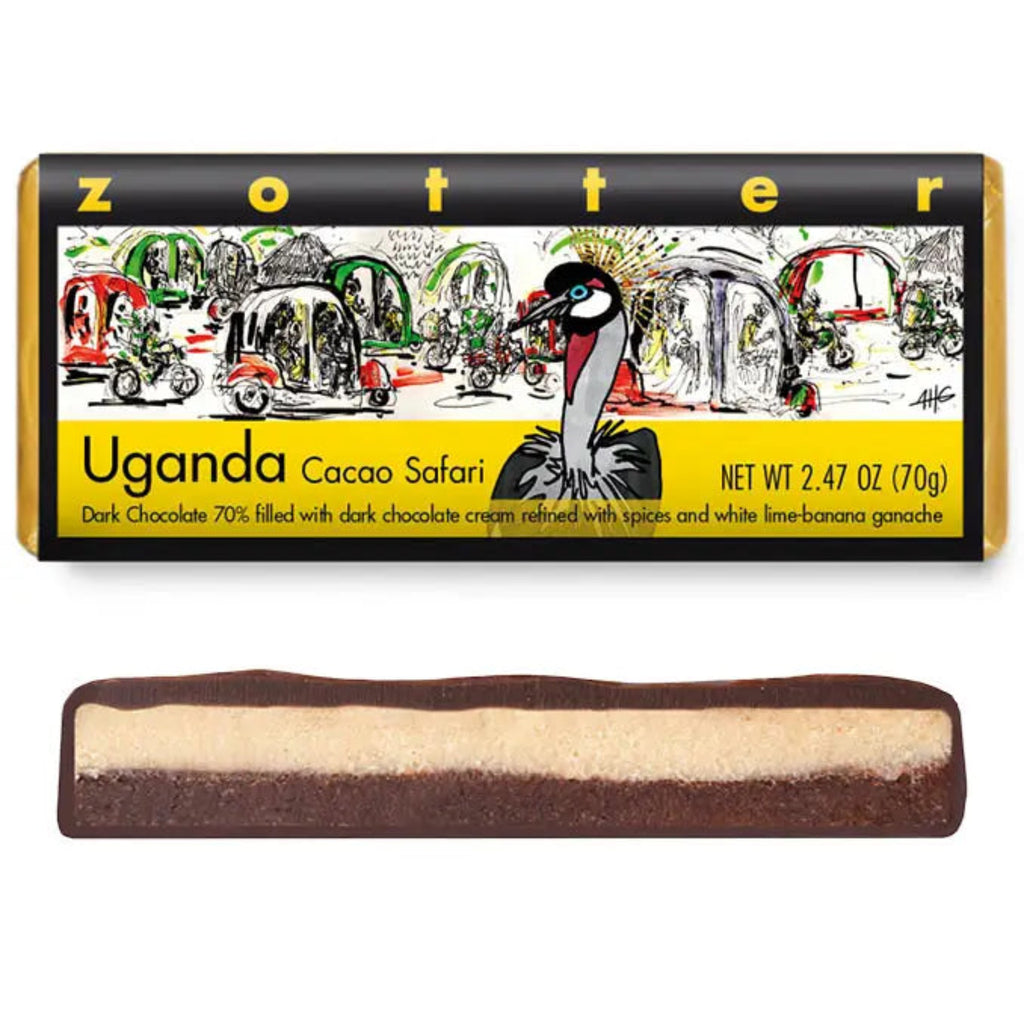 Zotter Uganda Cacao Safari chocolate bar packaging with illustration on a white background