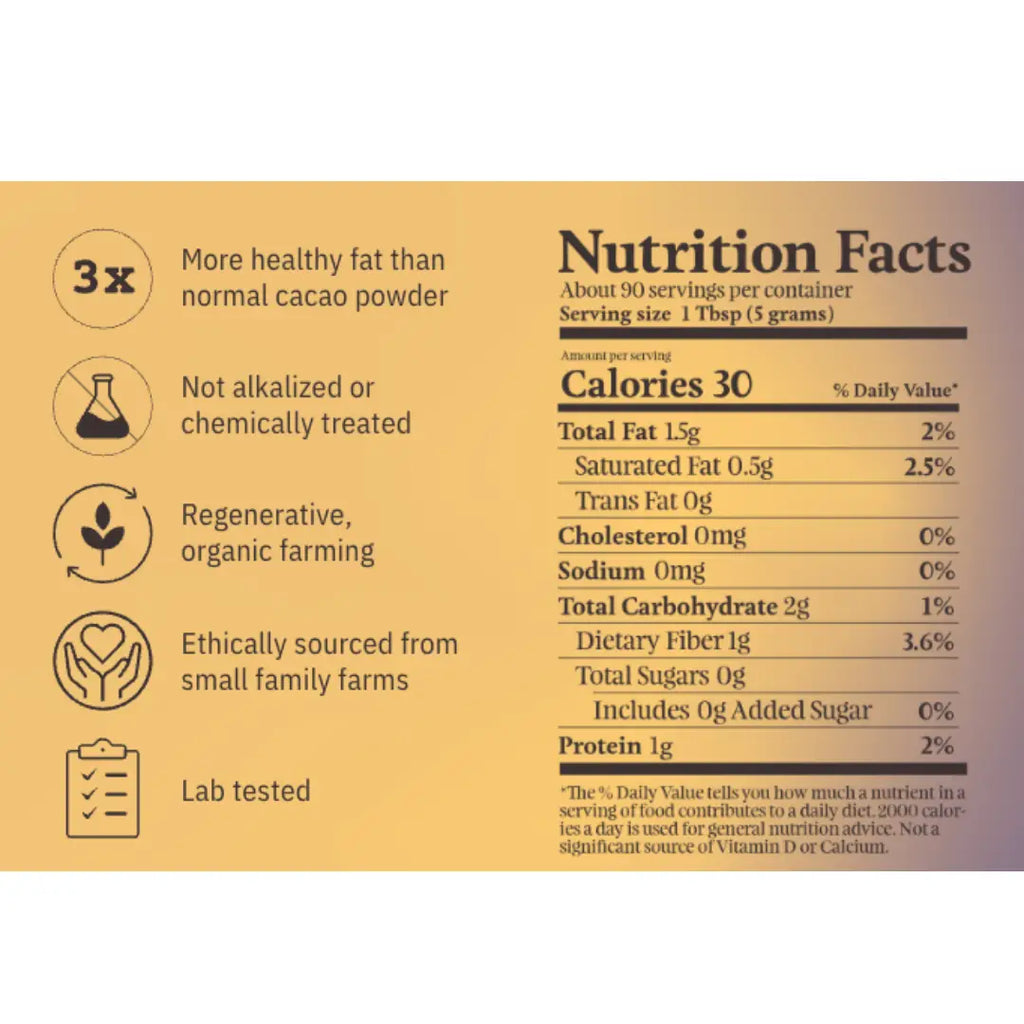 The nutrition label for Ora Provisions Triple Fat Cacao Powder container 
