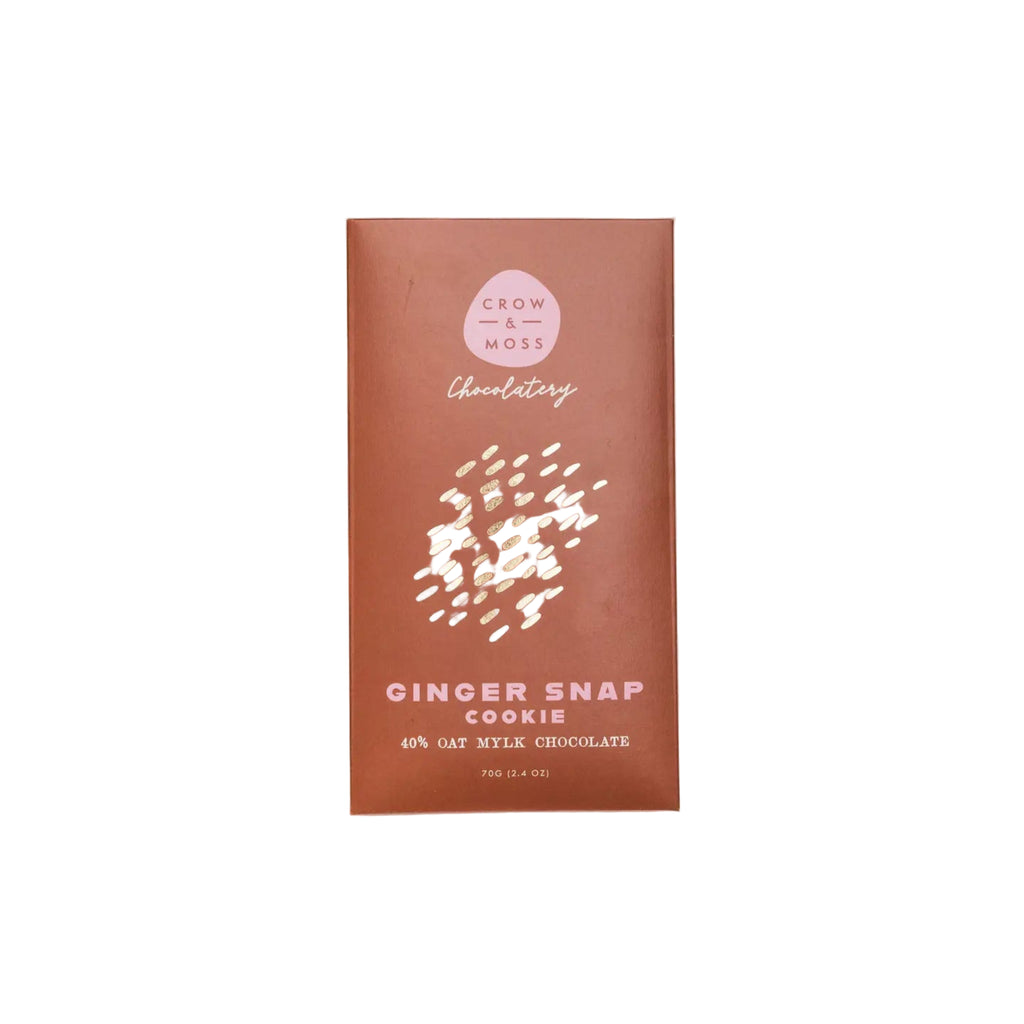Gingersnap Cookie + Oat Mylk Bar 40% with 'Crow & Moss Chocolatery' branding on a white background
