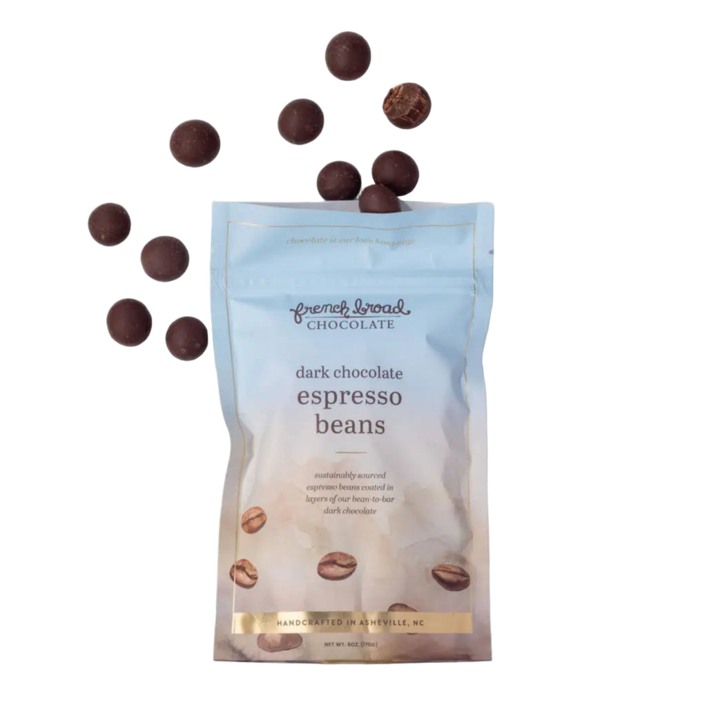 French broad chocolate dark chocolate espresso beans packaging with beans spilling out against a white background