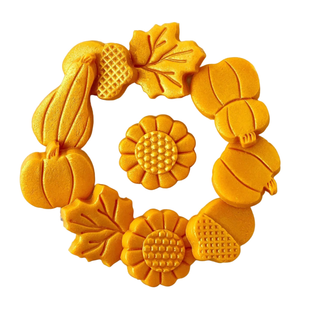 Marzipops Marzipan Luxe Golden Thanksgiving Candy Treats in a circle against a white background