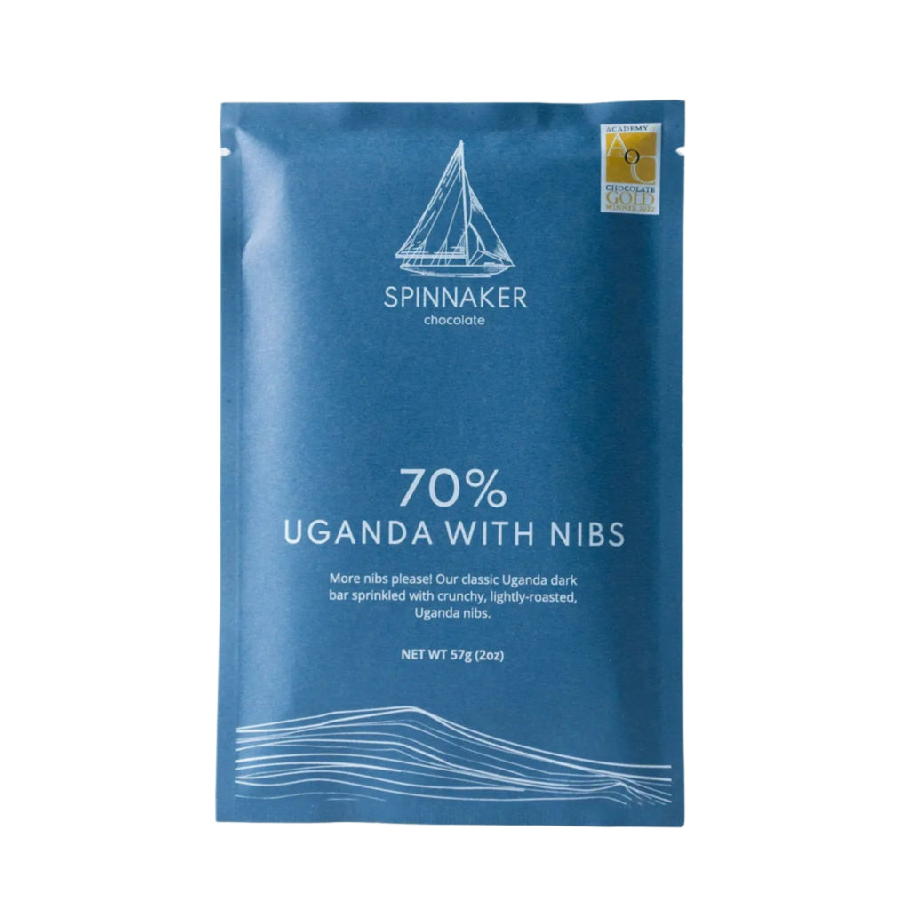Spinnaker 70% Uganda with nibs packaging against a white background