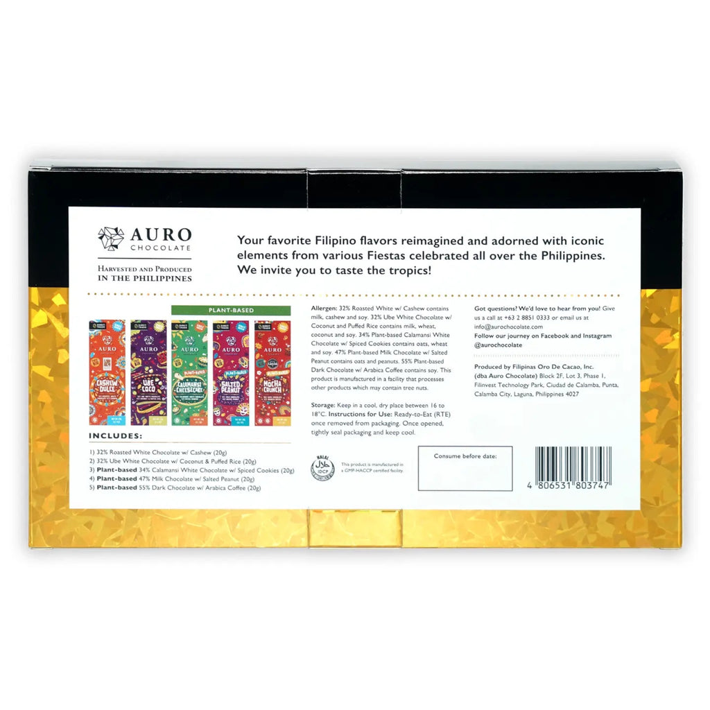 Back of Fiesta Chocolate Gift w/ 5 Mini Bars (Filipino Origin) packaging against a white background