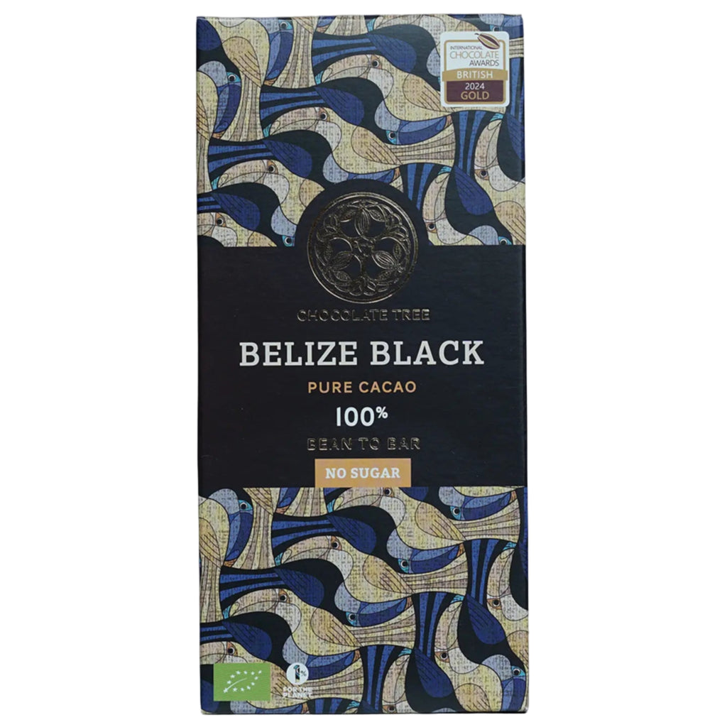 The Chocolate Tree Belize Black 100% chocolate bar packaging against a white background
