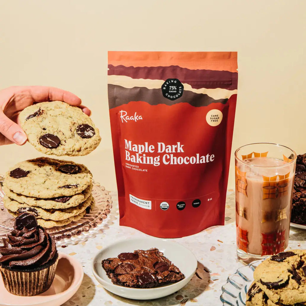 75% Maple Dark Baking Chocolate packaging table background surrounded with dessarts