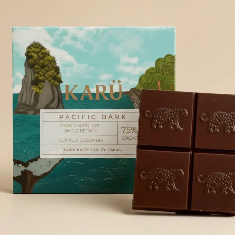 Dark chocolate bar with 'KARU' packaging featuring a scenic design against a white background
