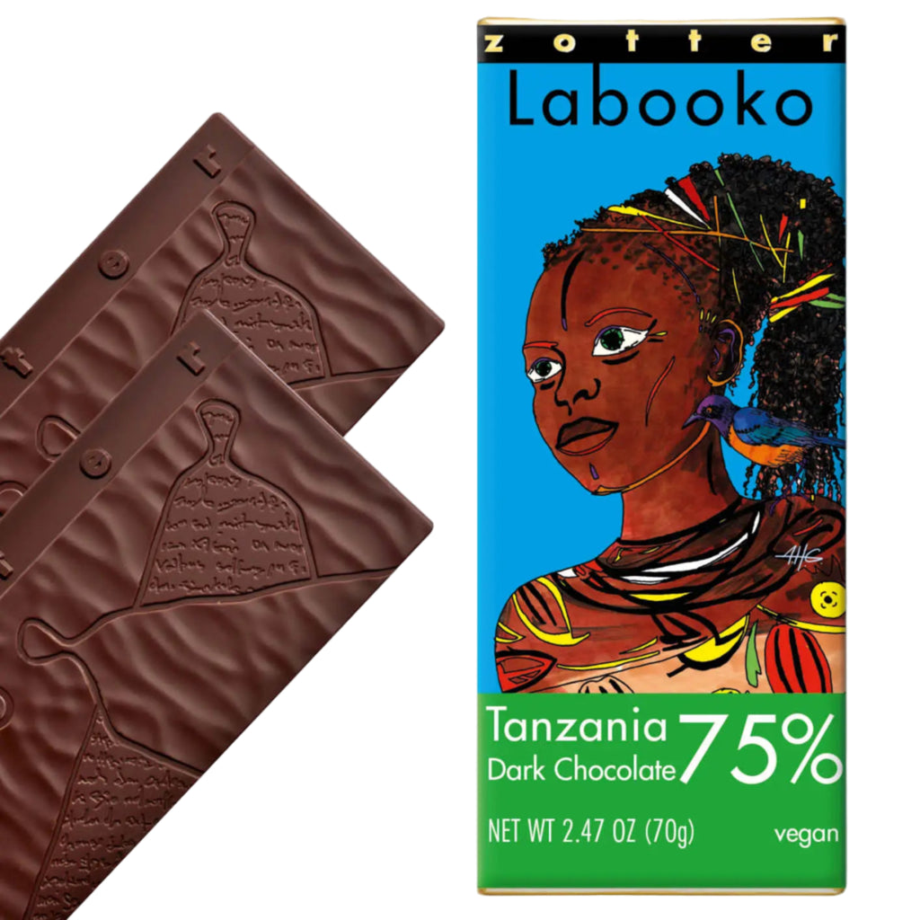 Zotter Labooko Tanzania 75% dark chocolate bar with packaging featuring an artistic depiction of a woman against a white background