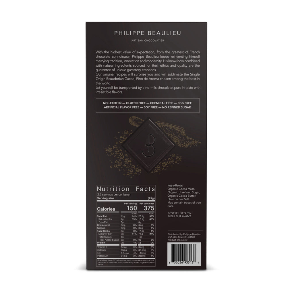Back of Phillipe Beaulieu 70% Dark Chocolate Bar Fleur De Sea Salt bar packaging with nutritional info and ingredients on a white background