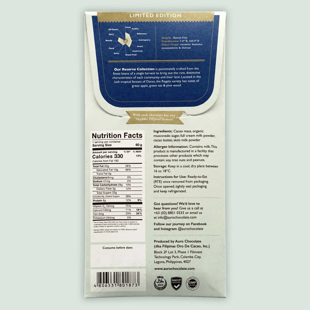 Back of Reserve Regalo Dark Milk Chocolate Bar 50% packaging with nutrition facts and ingredient list on a light gray background