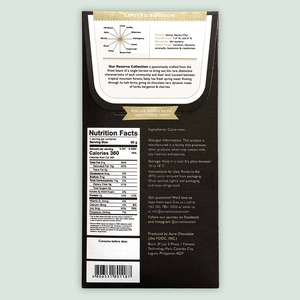 Nutrition facts and ingredients for Reserve Saloy Dark Chocolate 100% against a light green background
