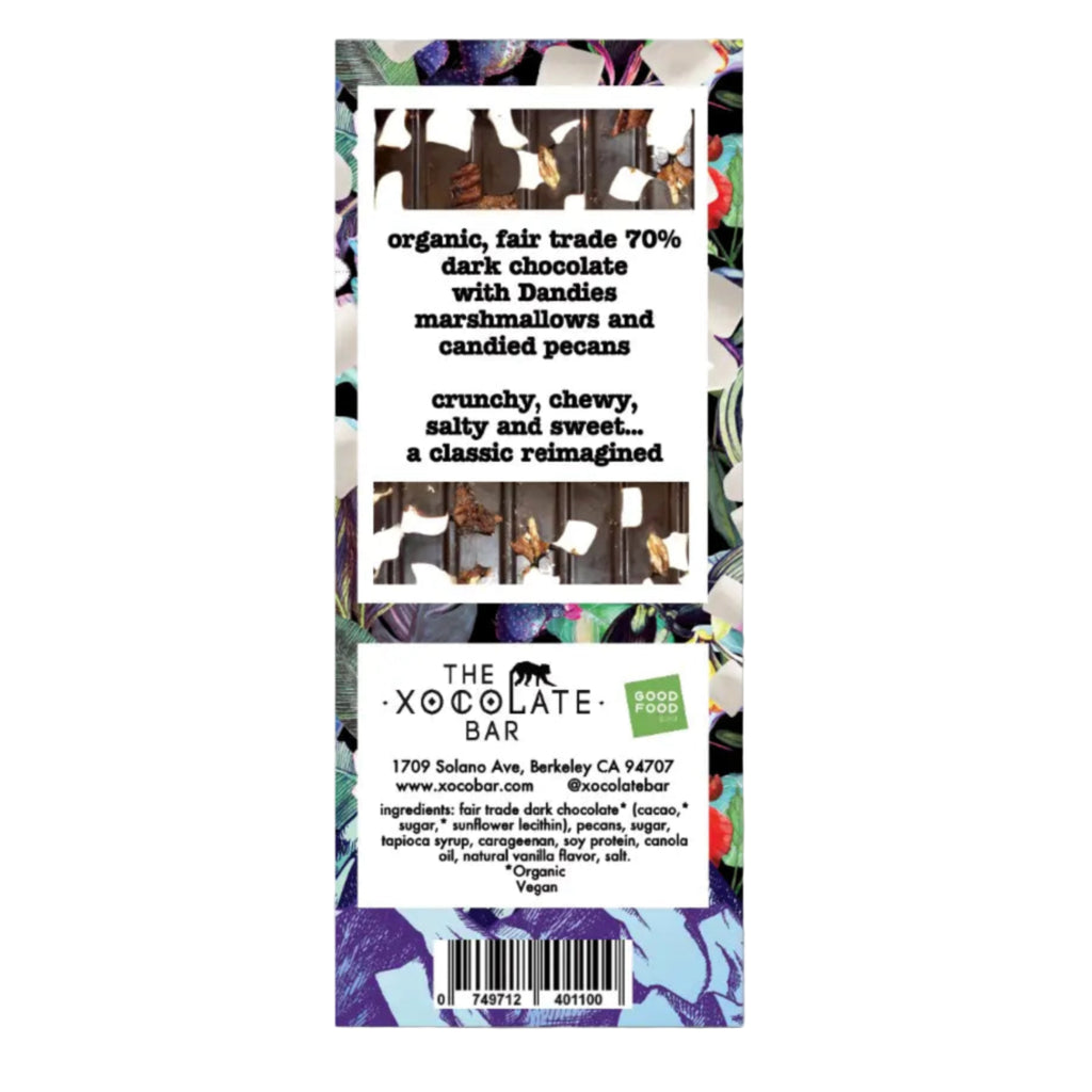 The back of The Xocolate Bar Rocky Road chocolate bar packaging on a white background