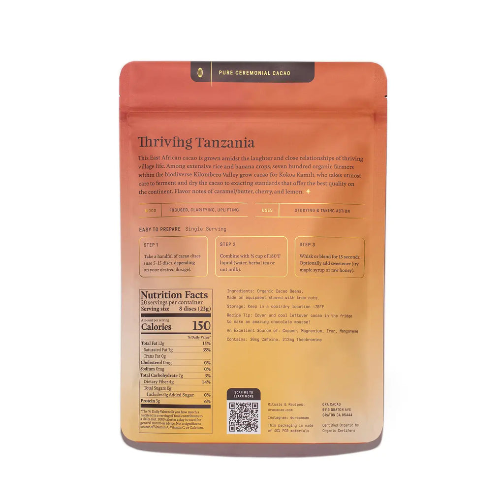 Nutrition facts and ingredients for Thriving Tanzania 100% Ceremonial Cacao against a white background