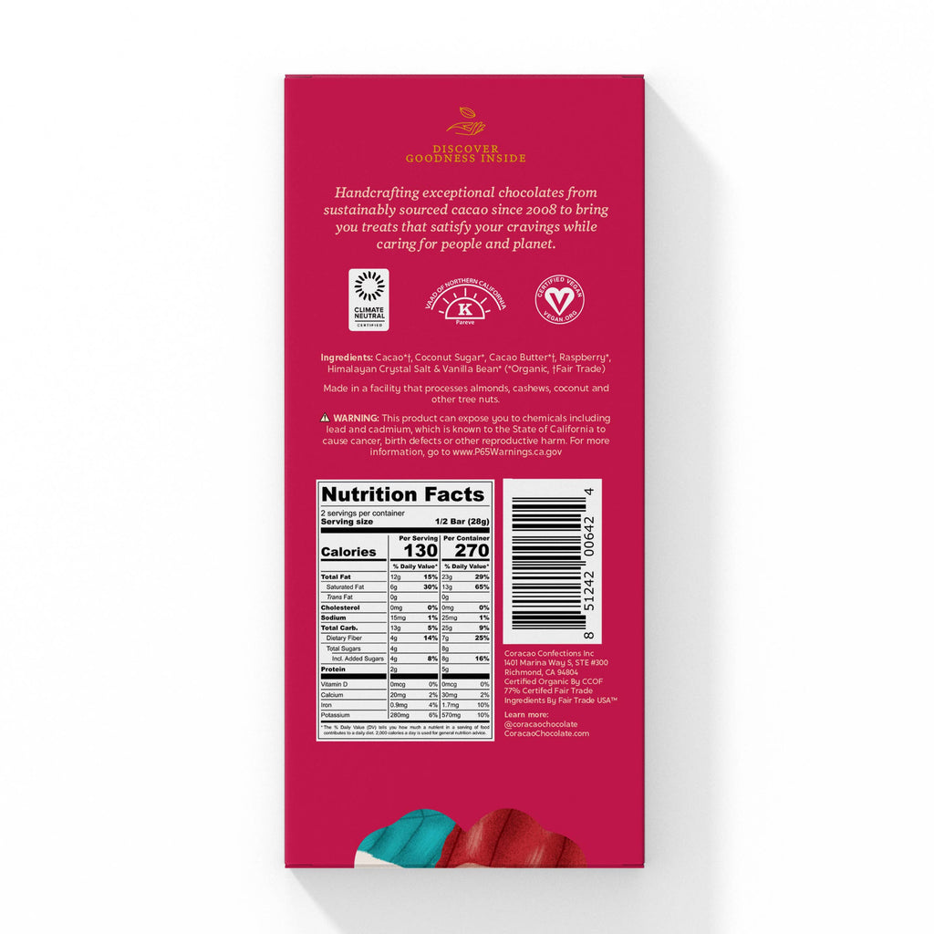 The back of a wrapped 77% Vegan Raspberry Dark Chocolate bar against a white background. 