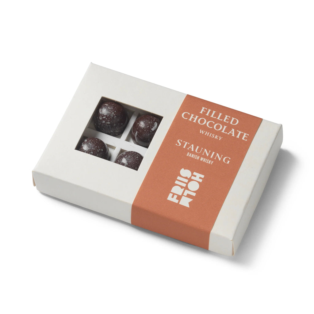 A box of Filled Chocolate Stauning Whisky (8 pcs) from Friis Holm against a white background