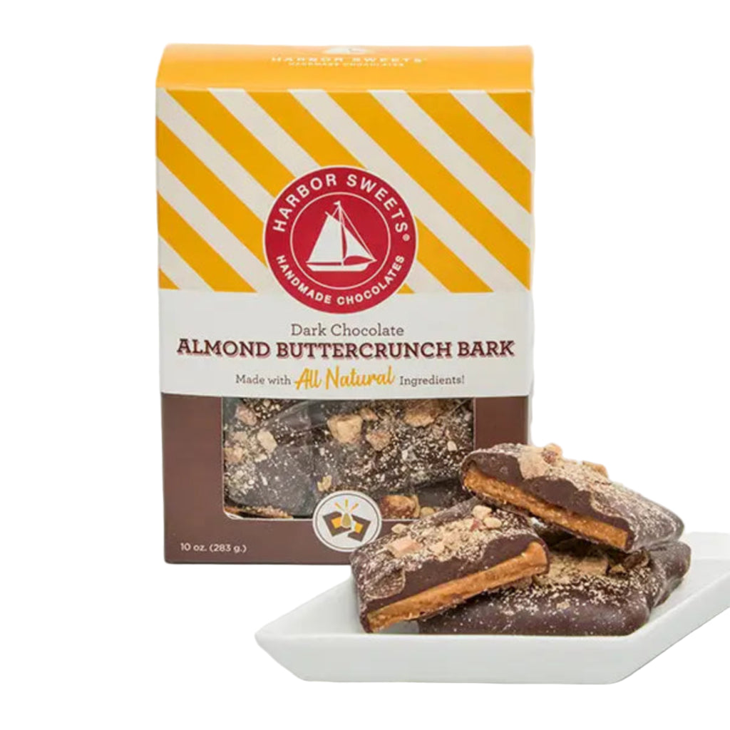 Harbor Sweets Almond Butter Crunch Bark packaging with a white background